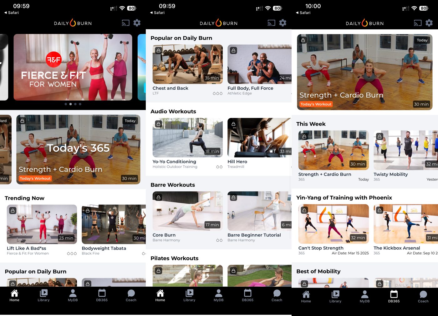 Daily Burn app home screens showing daily workouts, trending classes, and the DB365 feed.