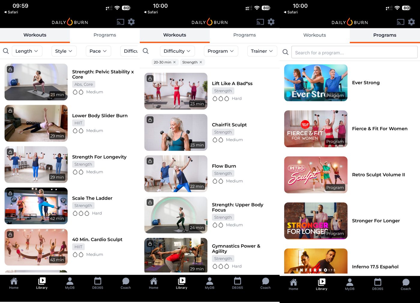 Daily Burn app library with workouts filtered by length and difficulty, plus the programs list.