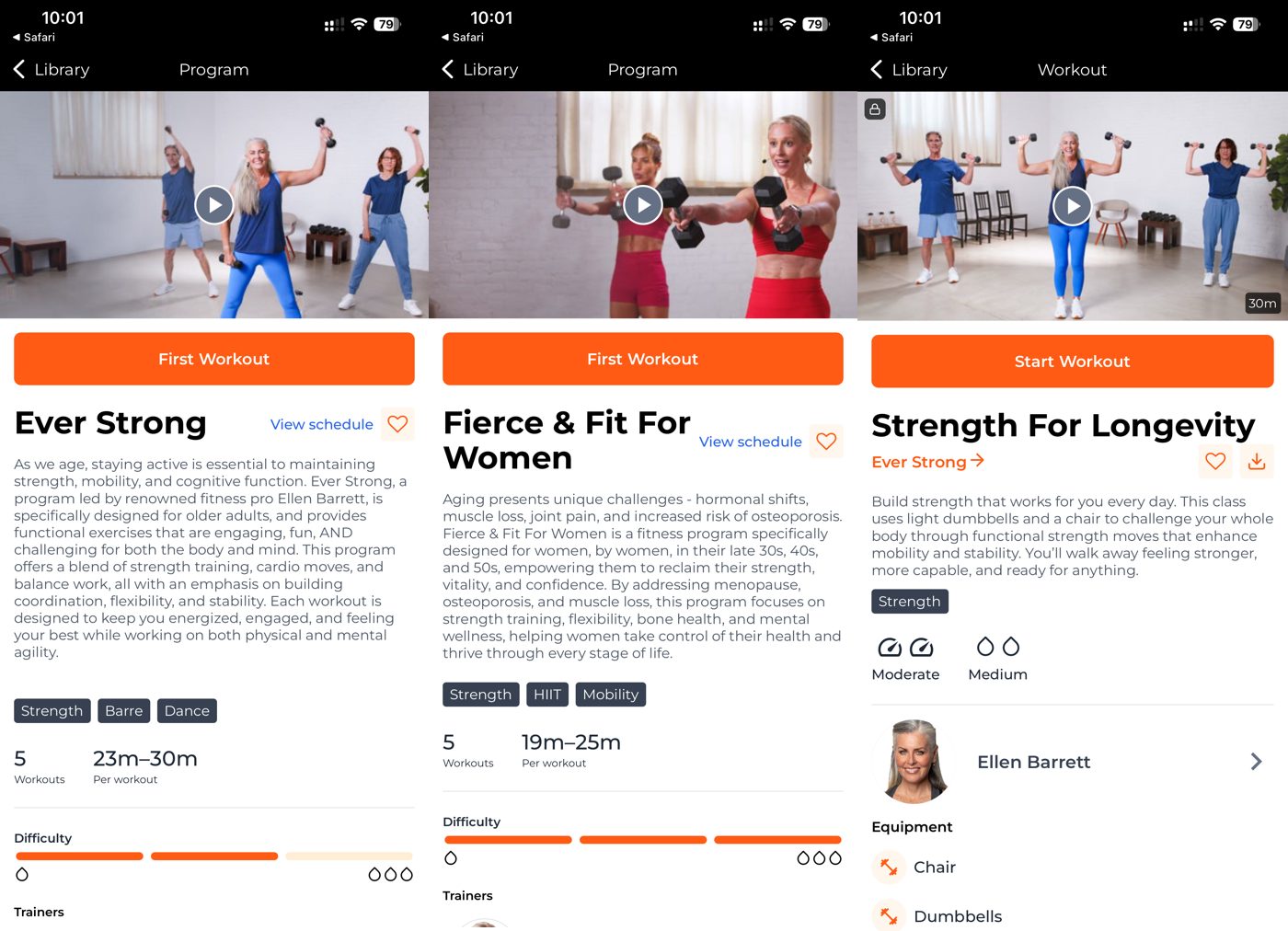 Daily Burn app program pages: Ever Strong, Fierce and Fit for Women, and a strength workout.
