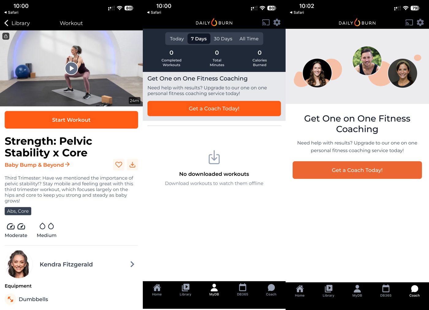 Daily Burn app workout detail, personal stats page, and one-on-one coaching option.