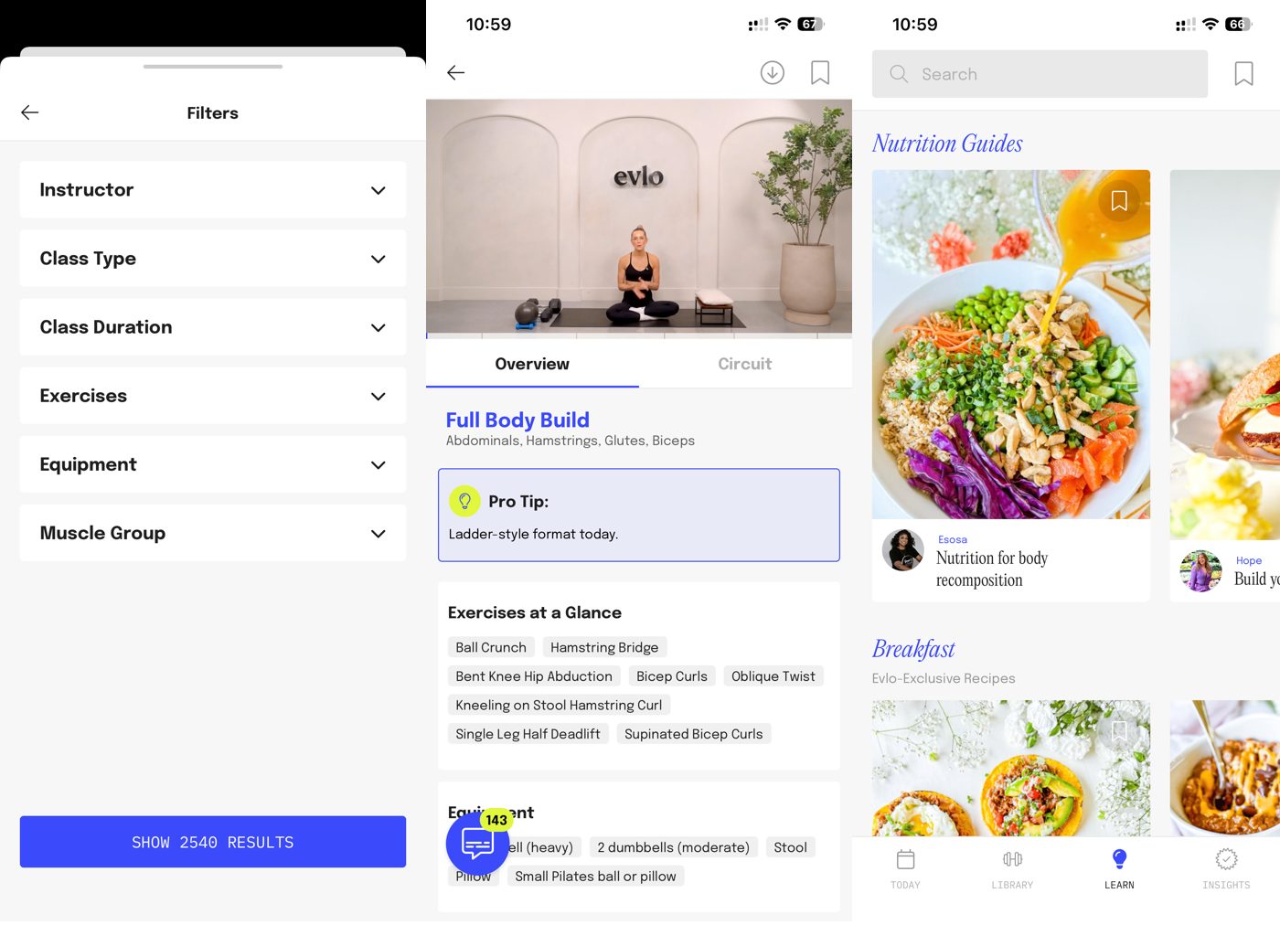 Evlo Fitness app filter panel, a Full Body Build workout detail, and the Learn nutrition section.