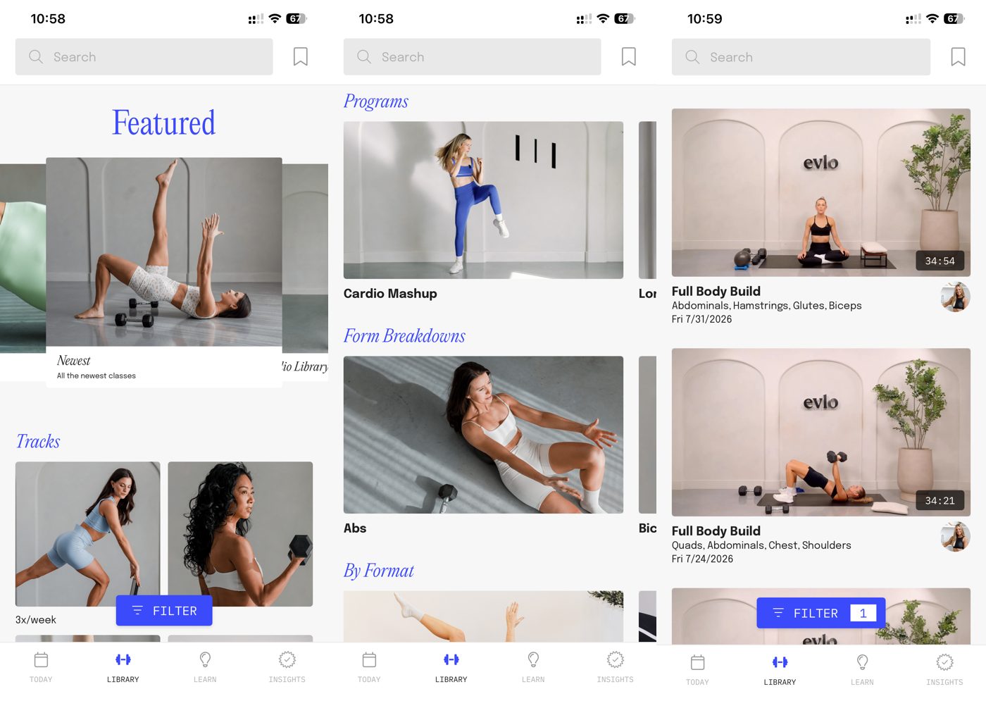 Evlo Fitness app library: featured classes, programs and form breakdowns, and a workout list.