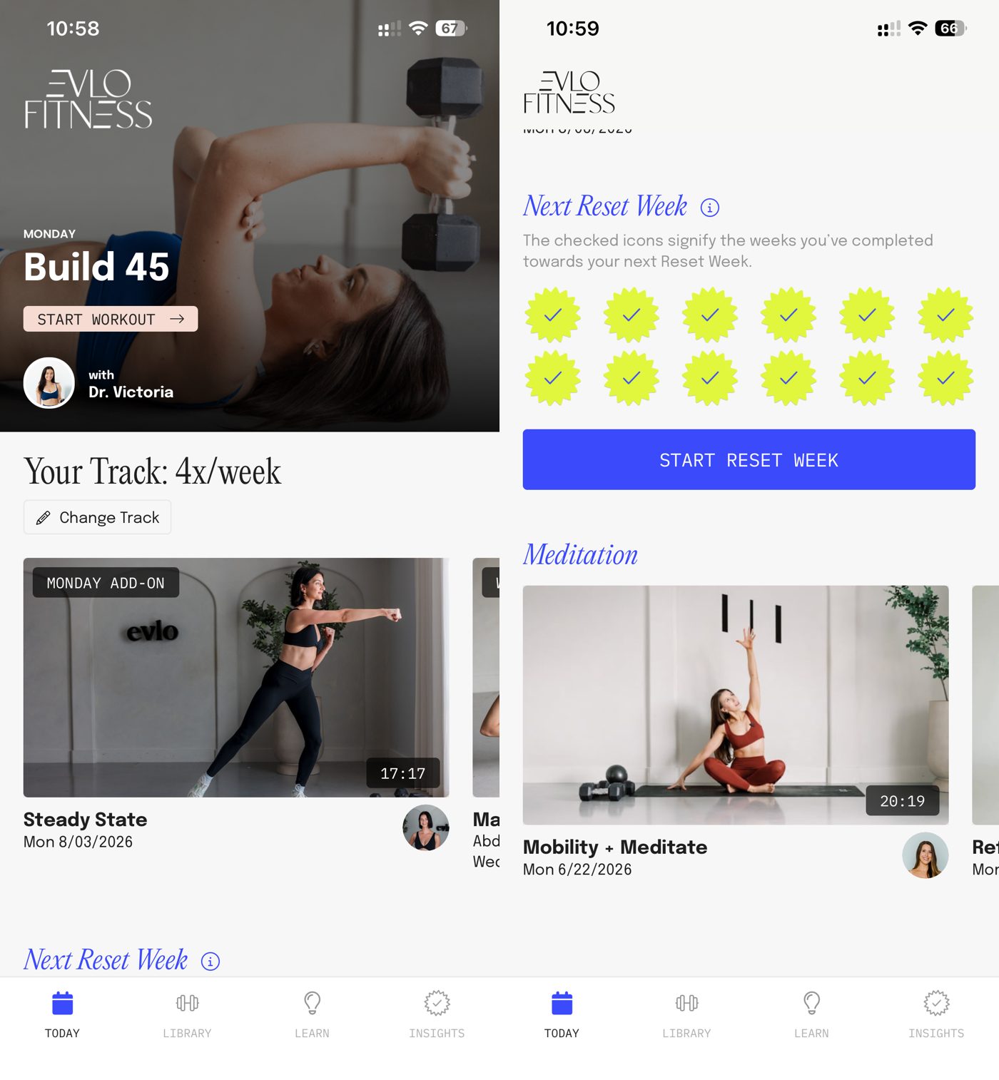 Evlo Fitness app Today screens showing the daily workout, weekly track, and reset-week tracker.
