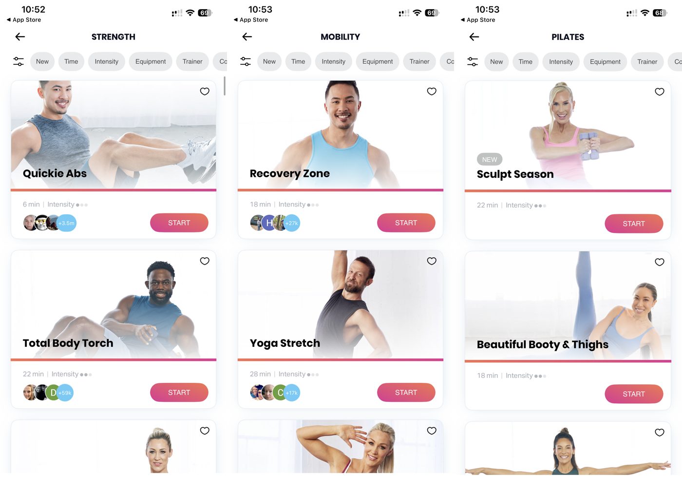 FitOn app class lists for strength, mobility, and pilates.