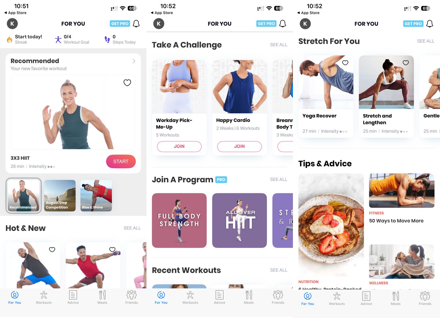 FitOn app For You feed with recommended workouts, challenges, programs, and tips.