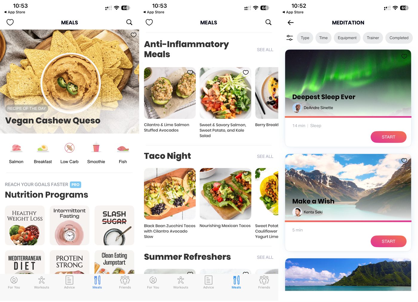 FitOn app meals and meditation screens: recipe of the day, meal categories, and meditations.