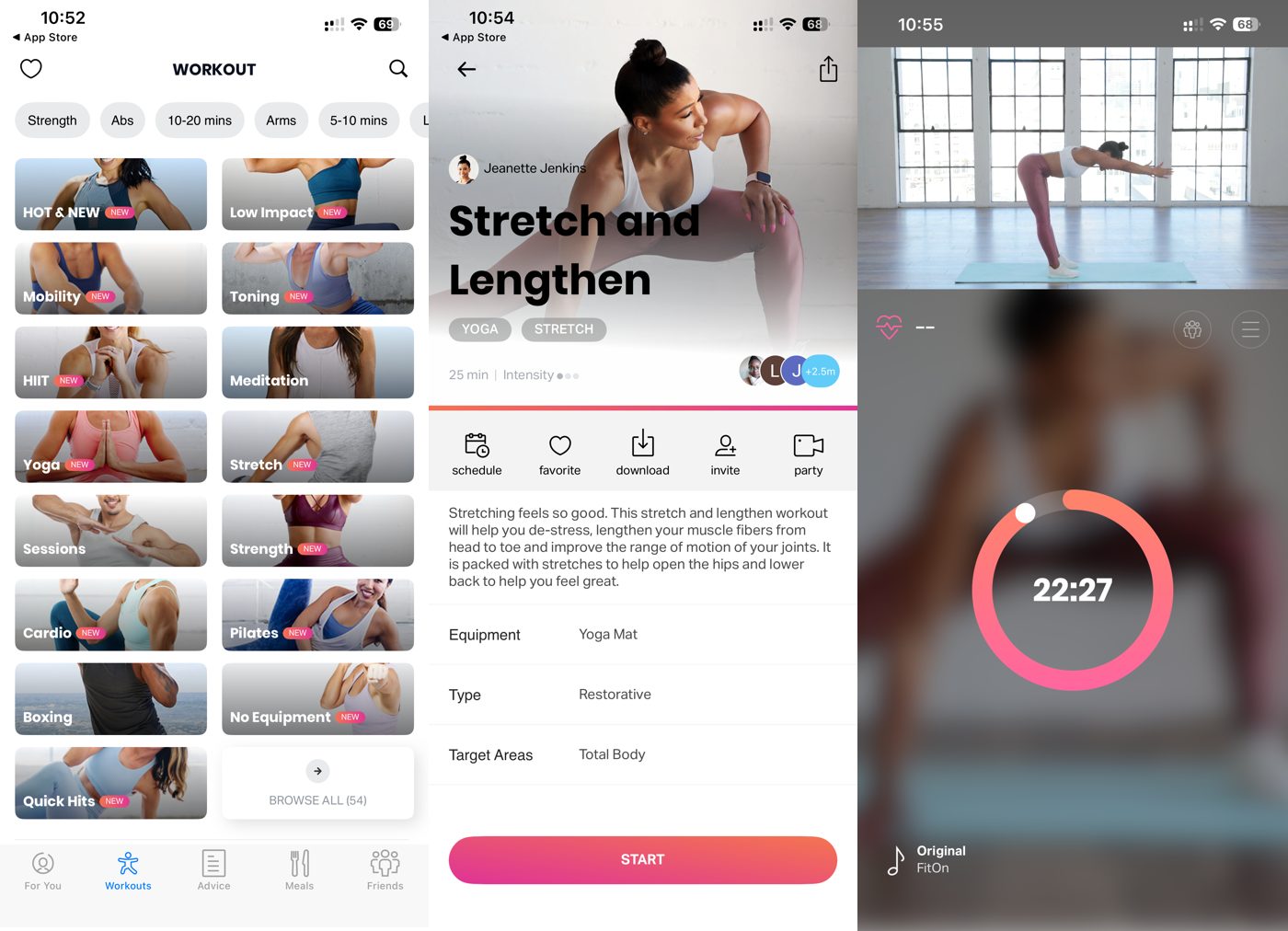 FitOn app workout category grid, a stretch class detail, and a live workout timer.