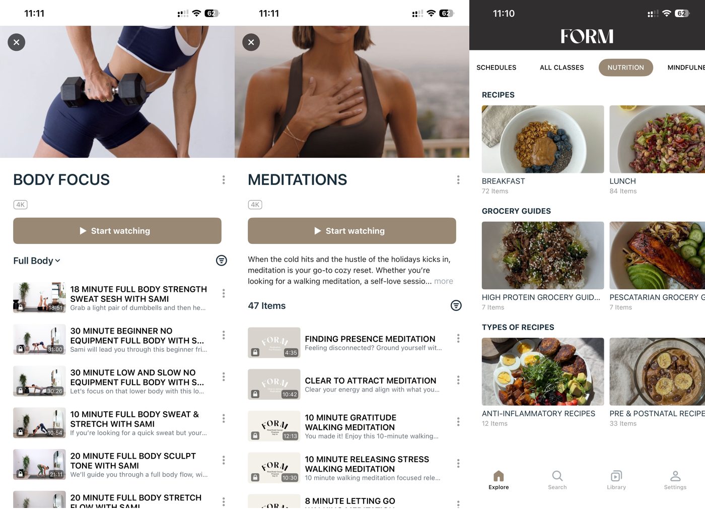 FORM app content: Body Focus workouts, meditations, and nutrition recipes.