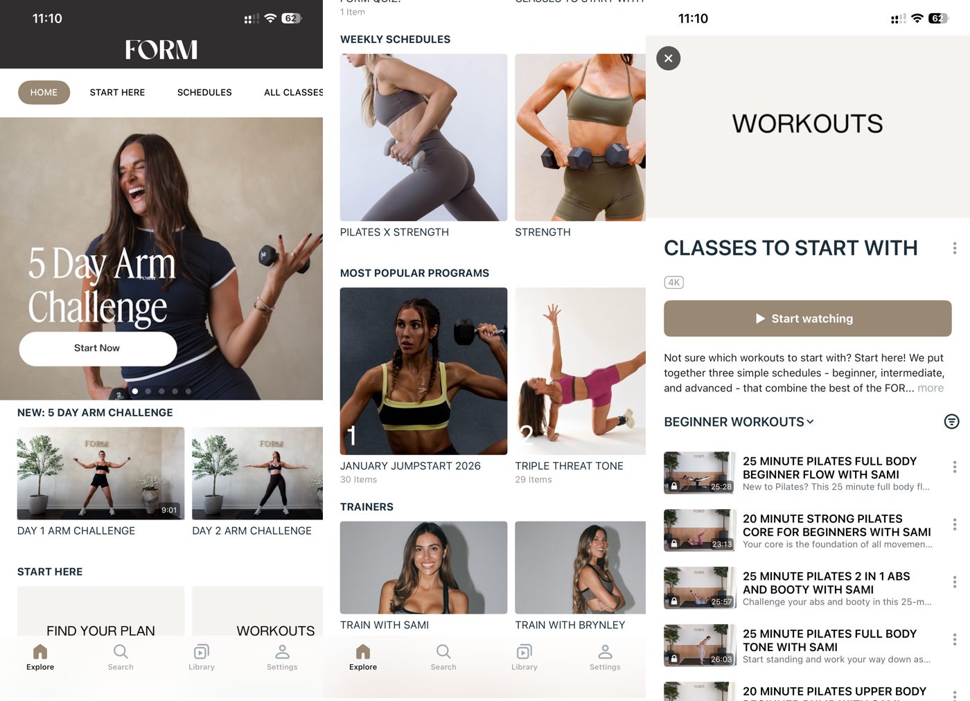FORM app home with a 5-day arm challenge, programs and trainers, and beginner classes.