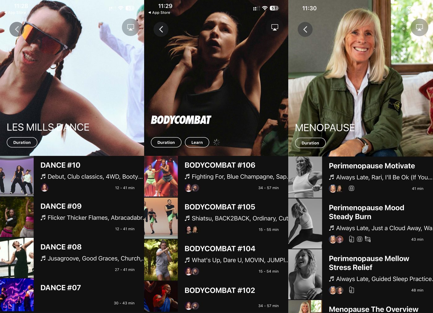 Les Mills+ app collections: Les Mills Dance, BODYCOMBAT, and a menopause program.