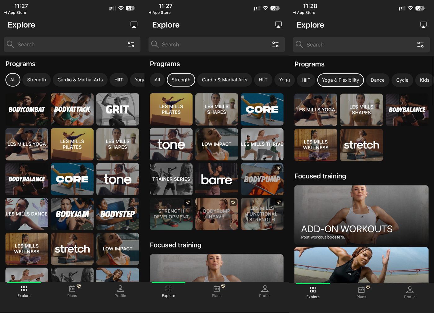 Les Mills+ app program grids for all programs, strength, and yoga and flexibility.