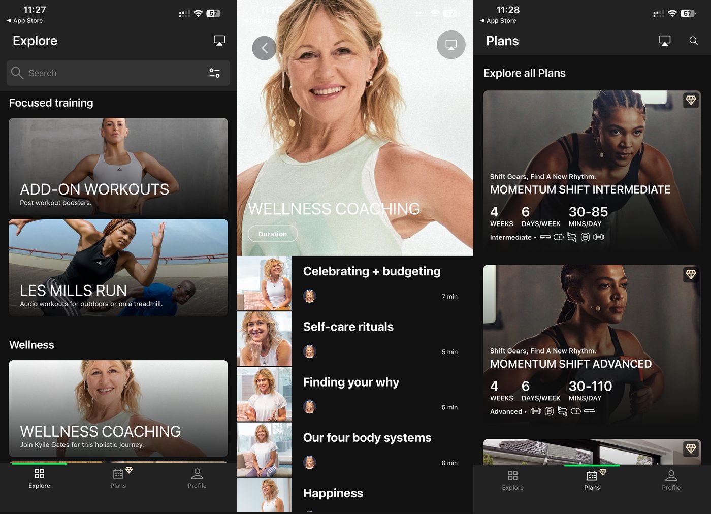 Les Mills+ app focused training and wellness, a wellness coaching series, and training plans.