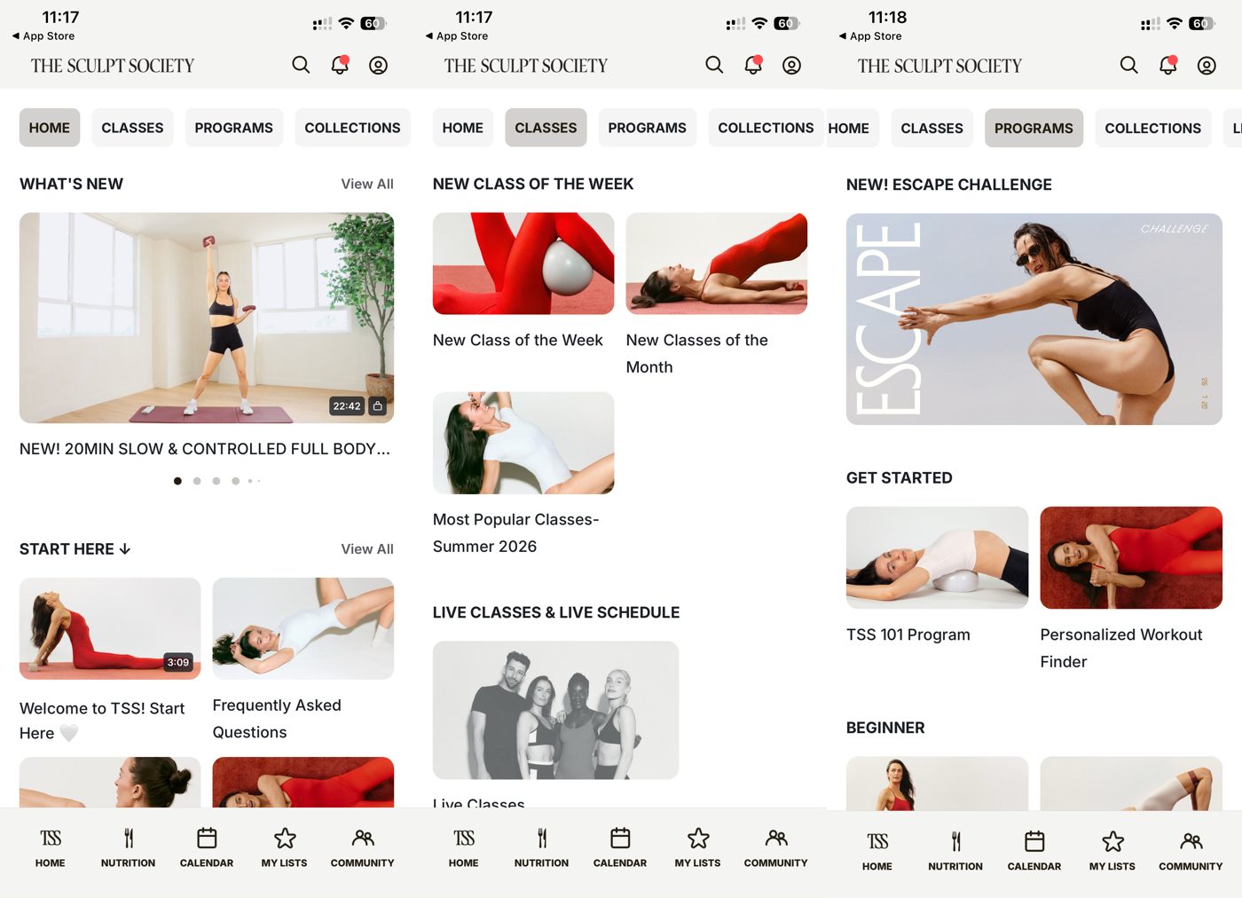 The Sculpt Society app home, classes, and programs screens.