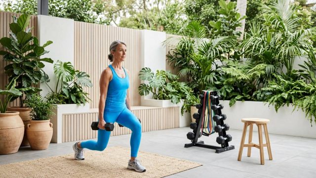 A woman performing weighted lunges