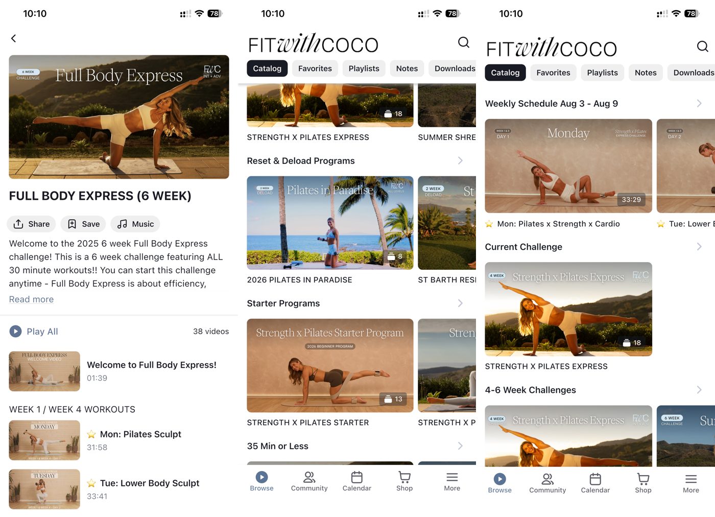 Fit With Coco app catalog with a weekly schedule, program collections, and a Full Body Express program.