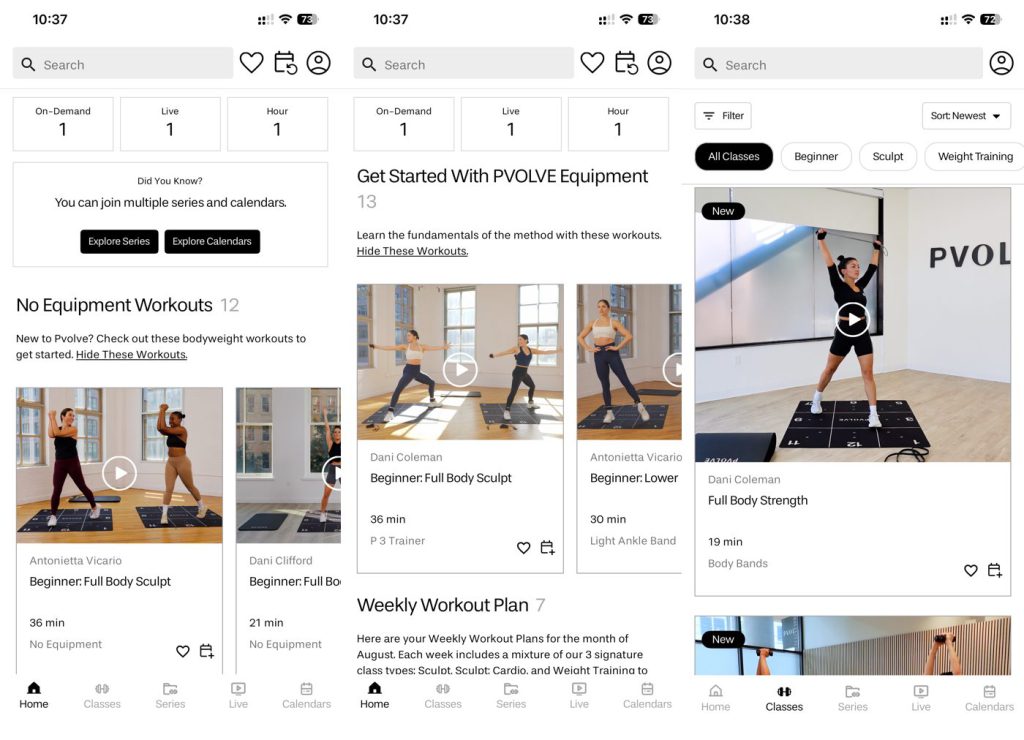 Pvolve app home screens with no-equipment workouts, equipment starter workouts, and the classes tab., 30 Minute Workouts for Women Over 40 (2026)