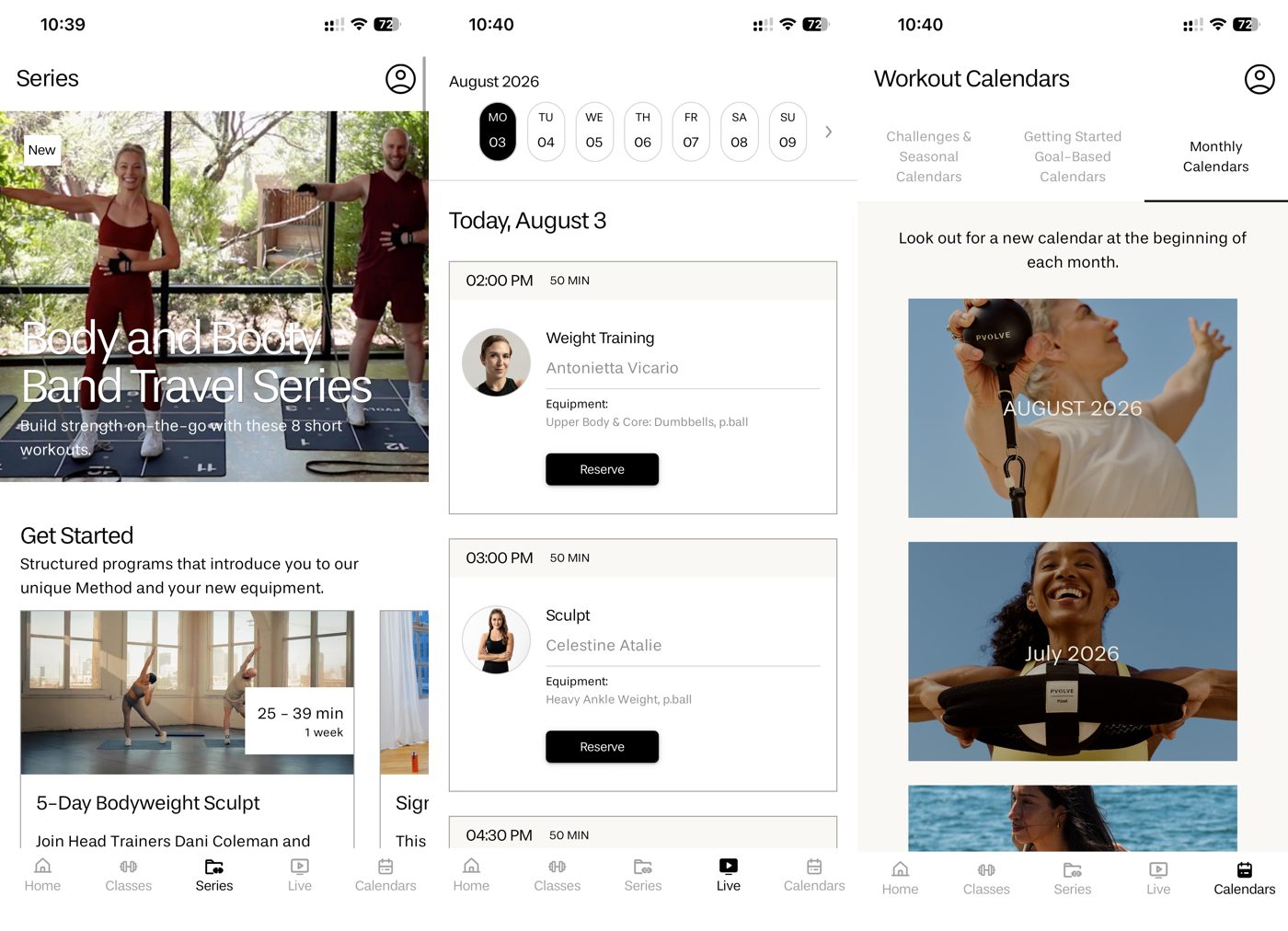 Pvolve app series, live class schedule, and monthly workout calendars.