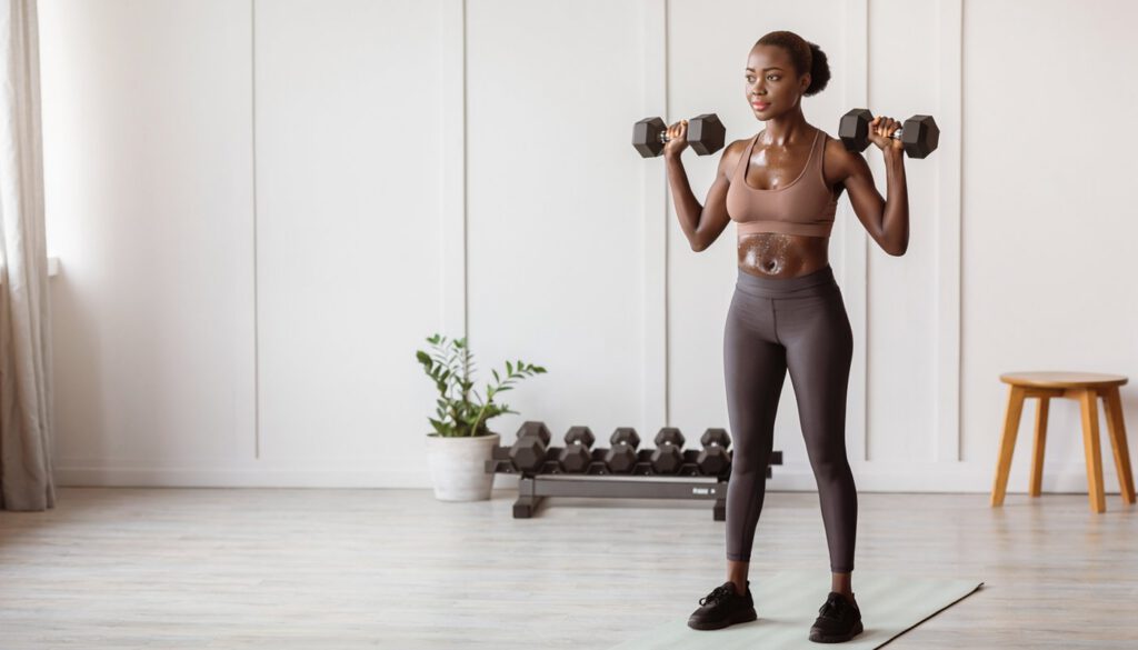 woman between strength training session with dumbells