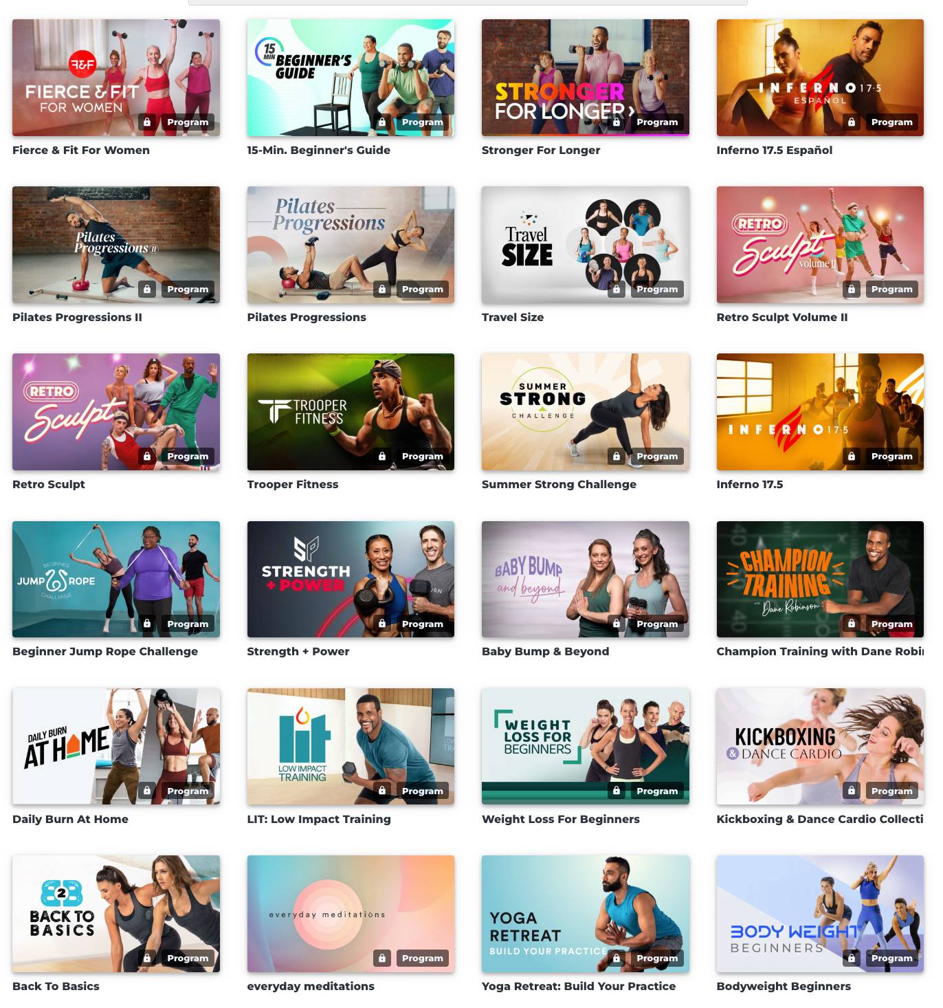 Daily Burn programme library covering beginner cardio through advanced strength, each with a day-by-day schedule