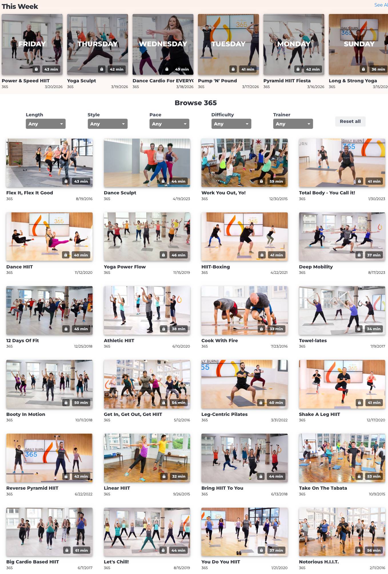 Daily Burn weekly schedule view showing planned workouts and rest days for the current week