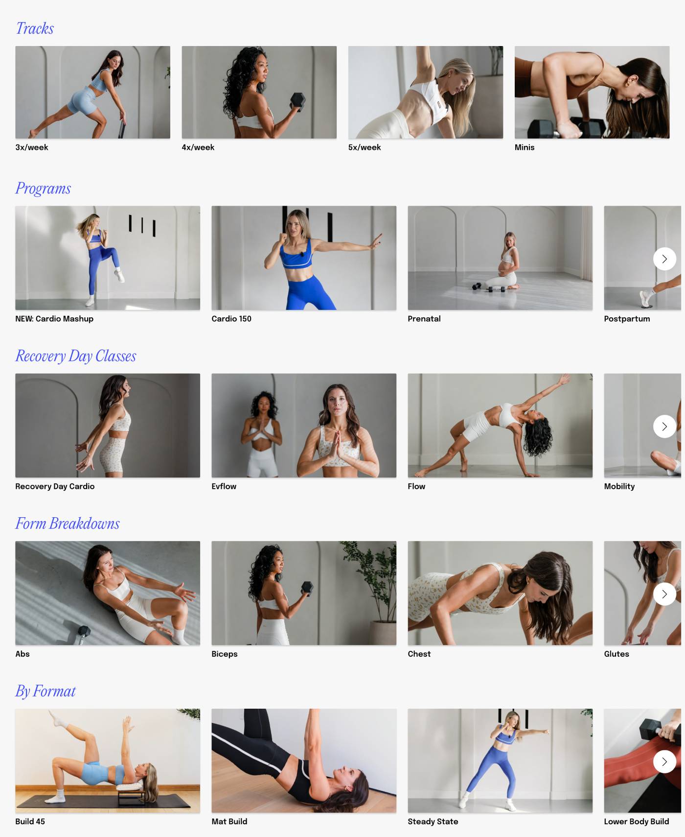 Evlo Fitness workout library showing resistance training sessions with no HIIT or cardio filler — Workouts for Menopause (2026)