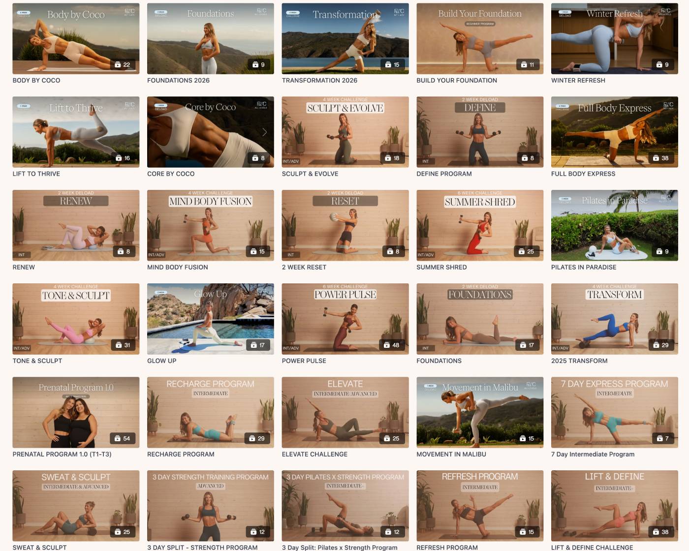 Fit with CoCo workout library showing the 3-2-1 structure of strength, Pilates and mobility classes