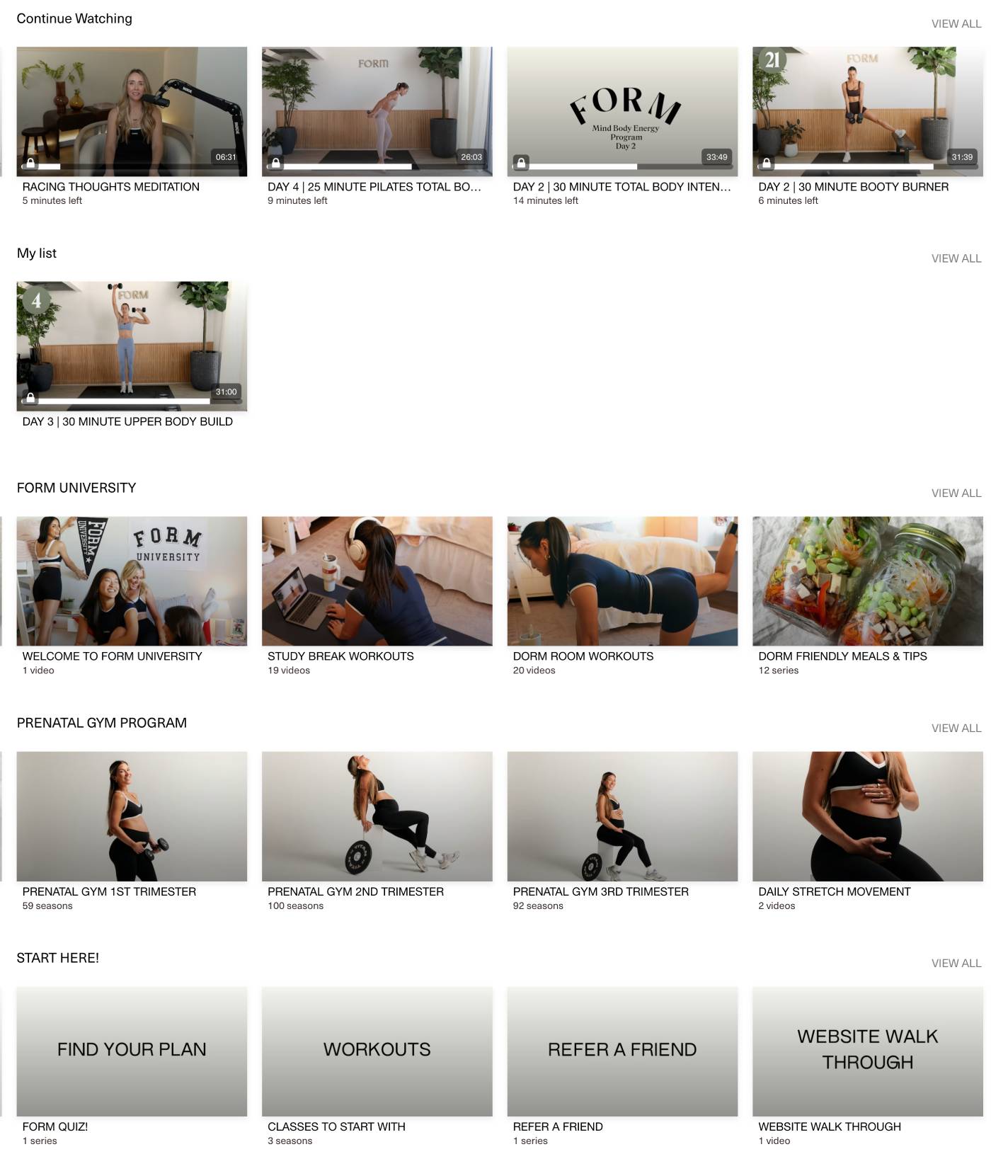 FORM app workout dashboard showing Pilates, strength, and mobility session library
