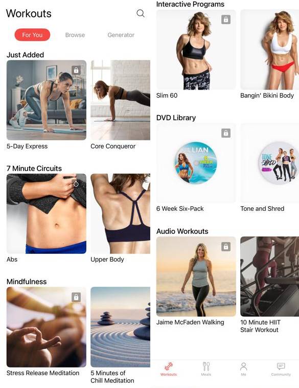 Jillian Michaels app workout library showing HIIT and bodyweight programmes