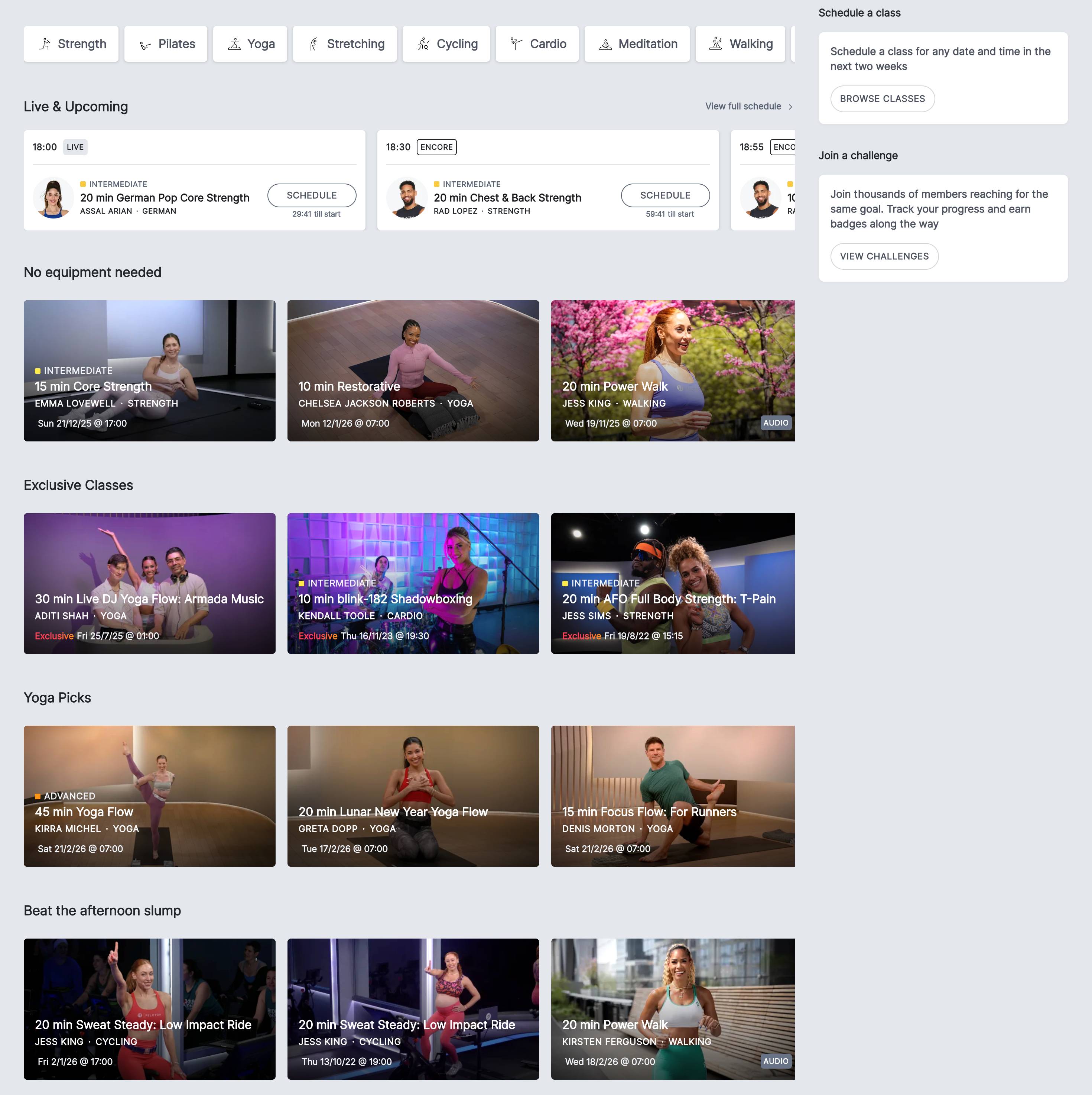 Peloton app dashboard showing workout categories including cycling, strength, running, yoga and meditation