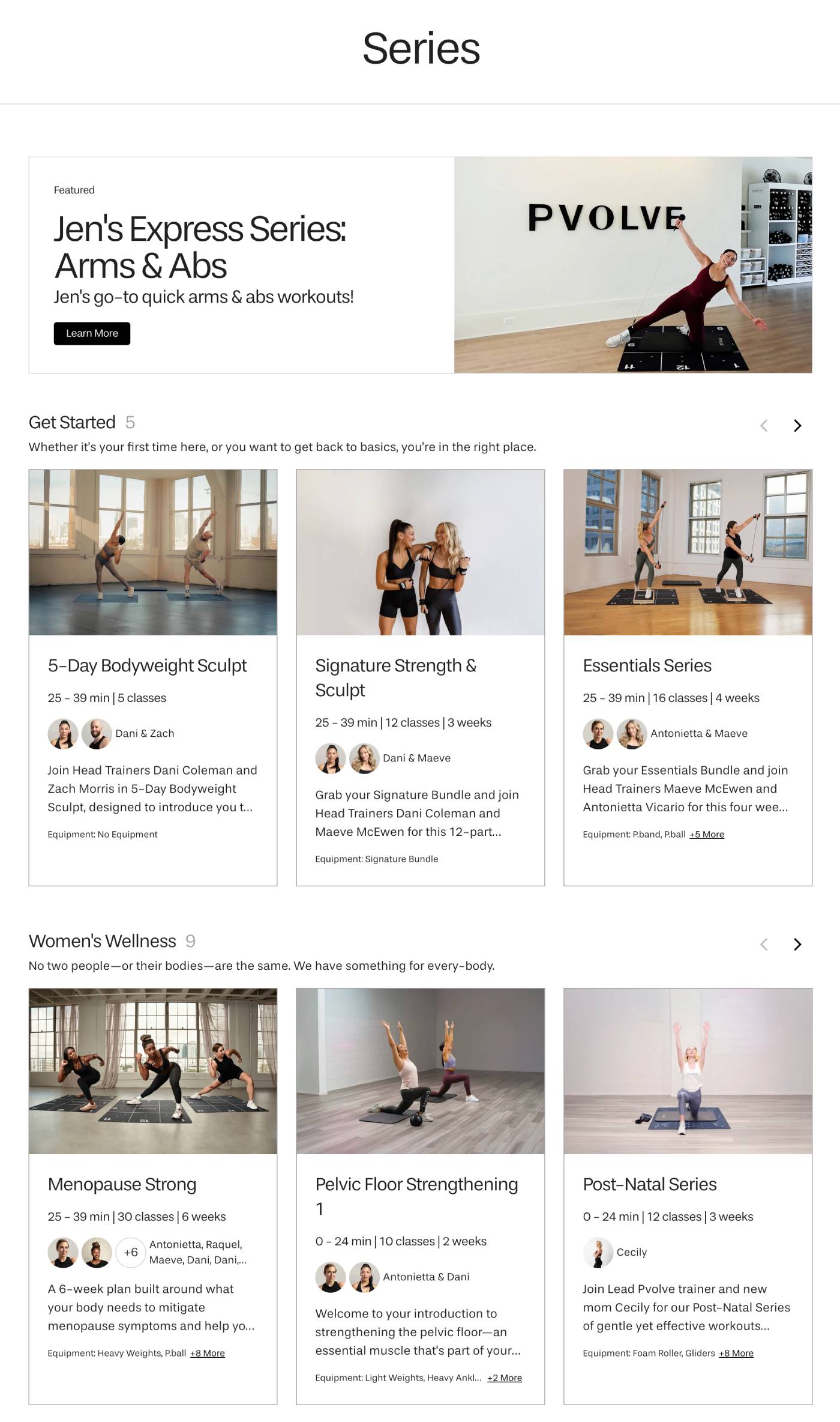 Pvolve series library showing Menopause Strong, Knee Stability and Progressive Weight Training programmes