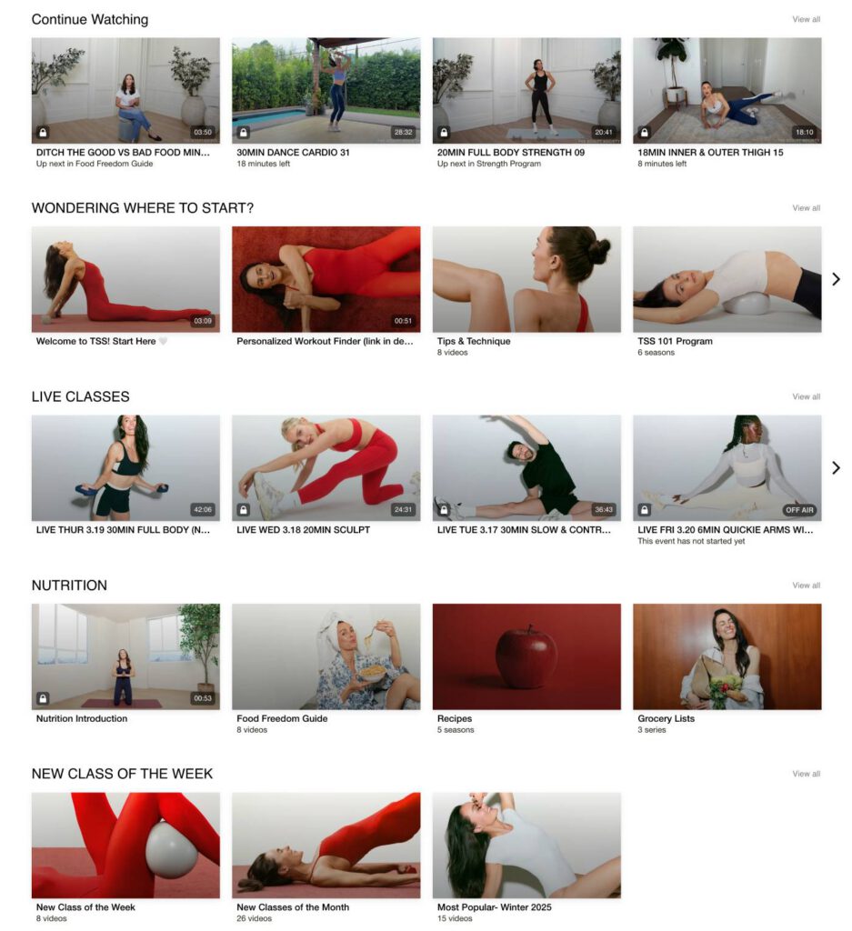 The Sculpt Society app dashboard showing programme sections for midlife, injury-safe and no-kneeling workouts