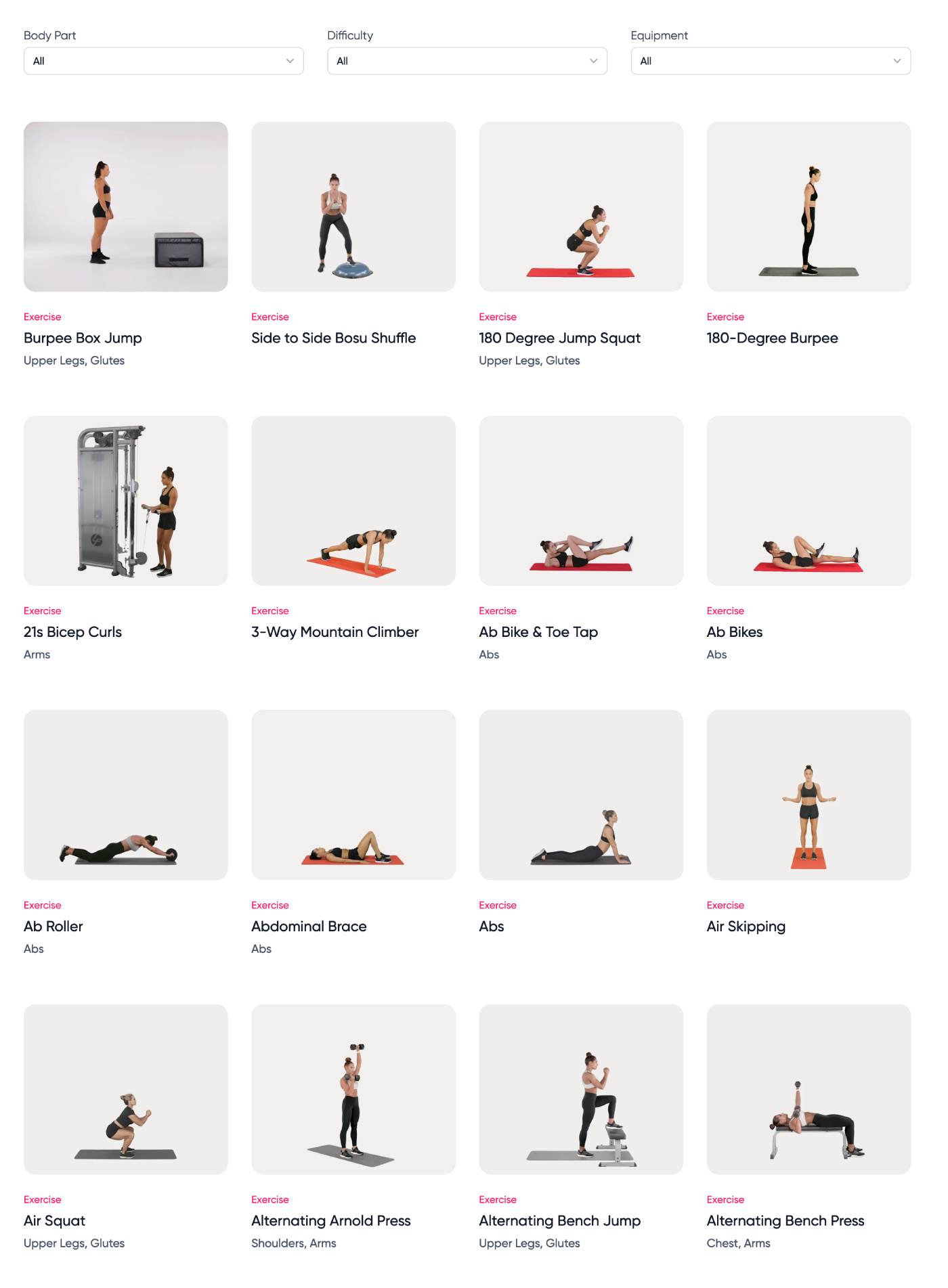 Sweat app exercise library with equipment filter showing workouts matched to gear you own