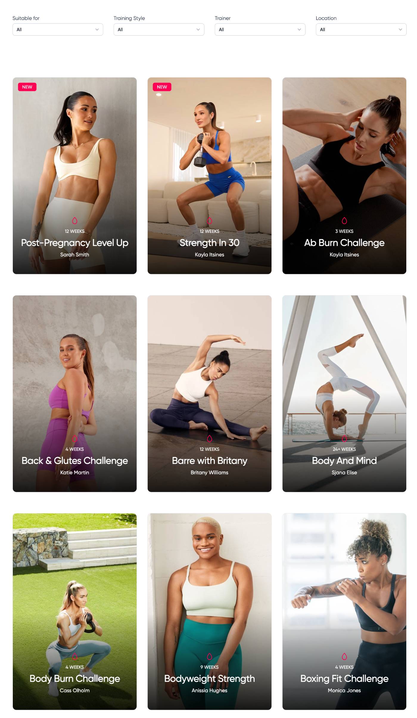 Sweat app programme library showing Strength in 30, Pilates and low-impact training options