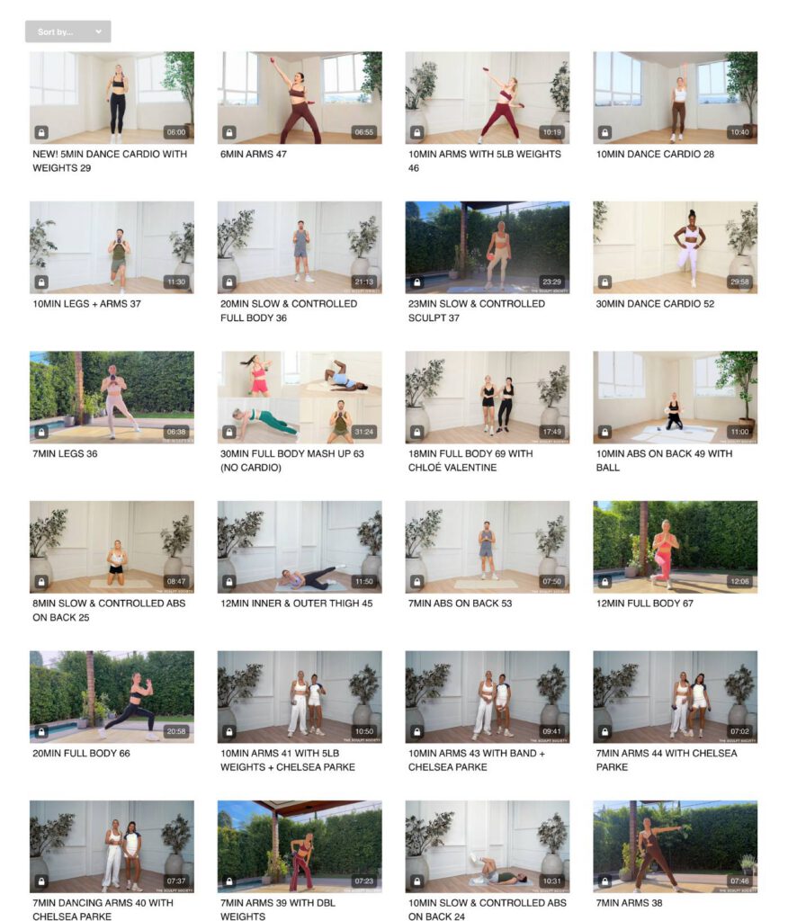The Sculpt Society no-kneeling workout filter showing sessions adapted for knee and joint limitations