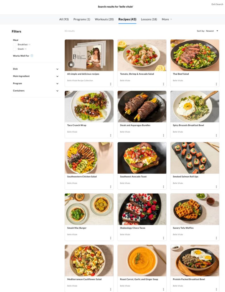 Belle Vitale recipe library inside BODi app showing 43 recipes including Thai Beef Salad, Steak and Asparagus Bundles and Southwestern Chicken Salad