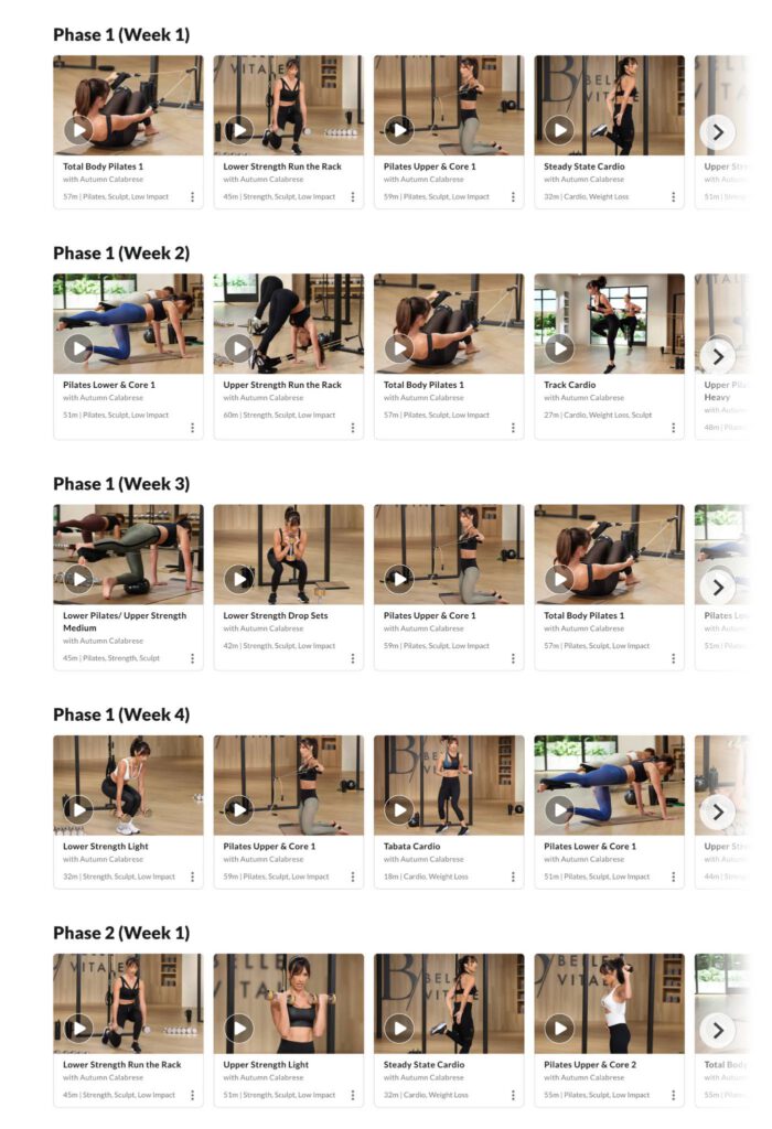 Belle Vitale programme inside BODi app showing Phase 1 and Phase 2 weekly workout schedule structure