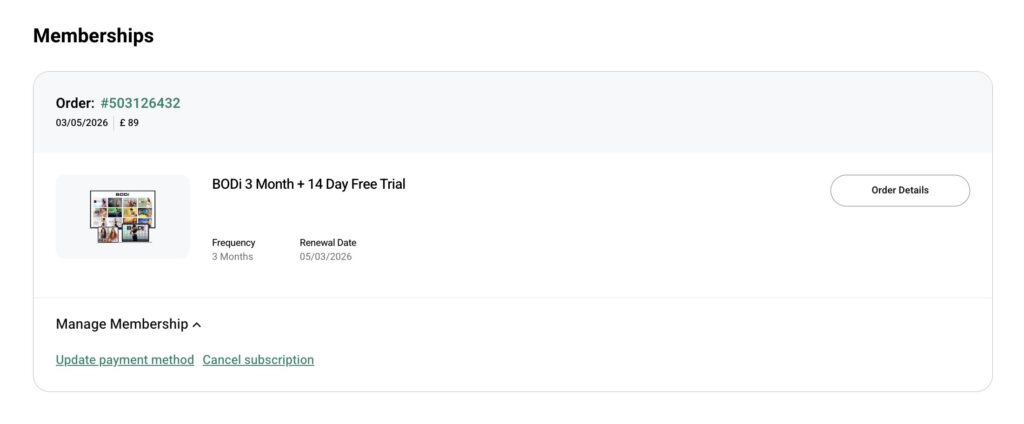 BODi membership management screen showing self-serve Cancel Subscription option with no phone call required — confirmed March 2026