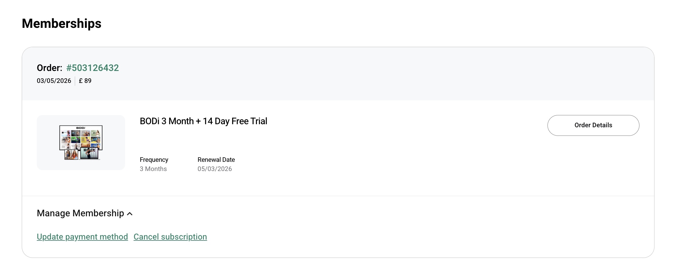 BODi membership management screen showing self-serve Cancel Subscription option — confirmed March 2026