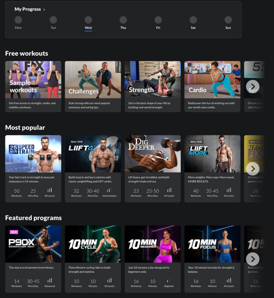 BODi app dashboard showing My Progress weekly tracker and most popular programmes including LIIFT4 and Dig Deeper — tested by Her Daily Fit March 2026