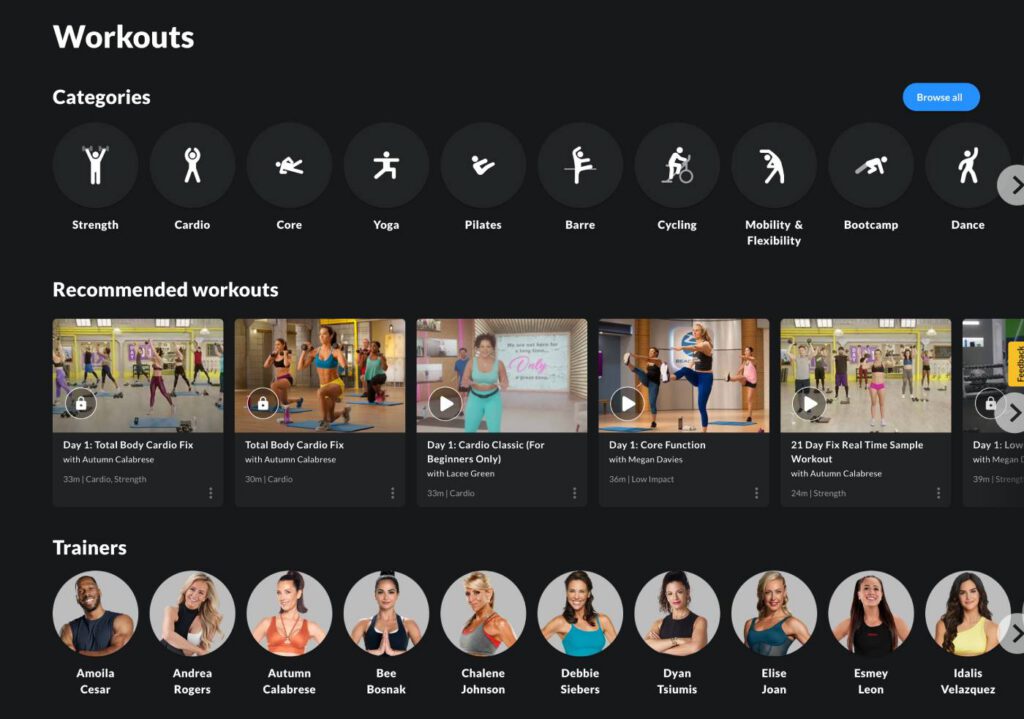 BODi app workout library showing Strength, Cardio, Pilates, Yoga, Barre and Mobility categories — personally tested by Her Daily Fit March 2026