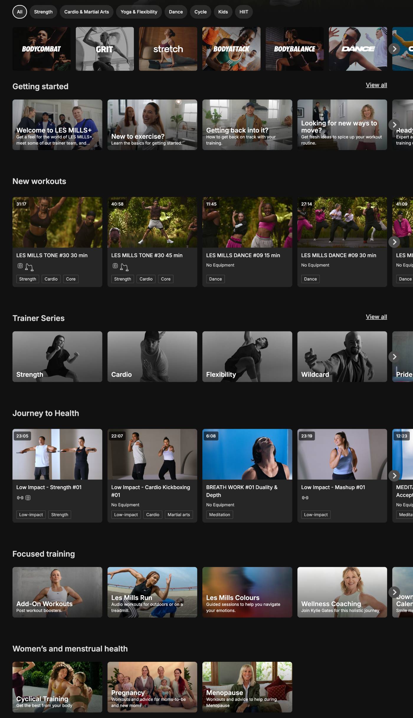 Les Mills+ dashboard showing classes across BODYPUMP, BODYBALANCE, BODYATTACK and LES MILLS CORE