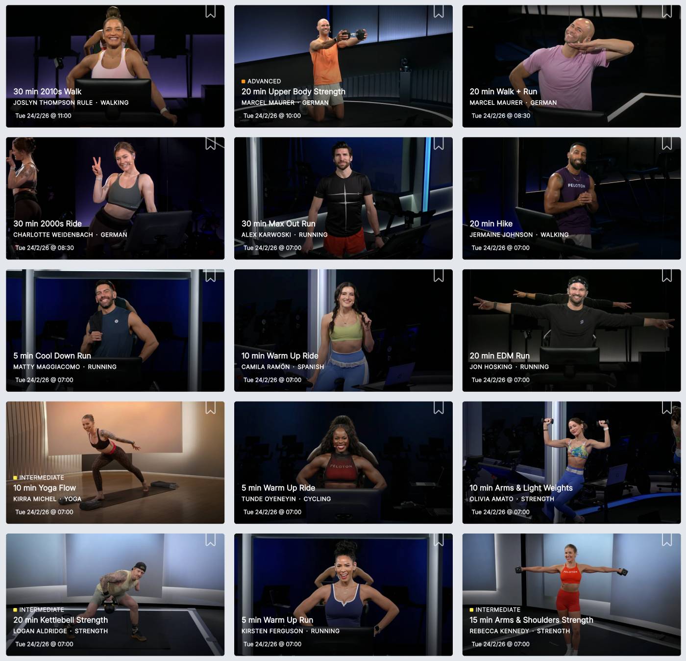 Peloton strength and toning class library with instructor-led sessions and difficulty filters