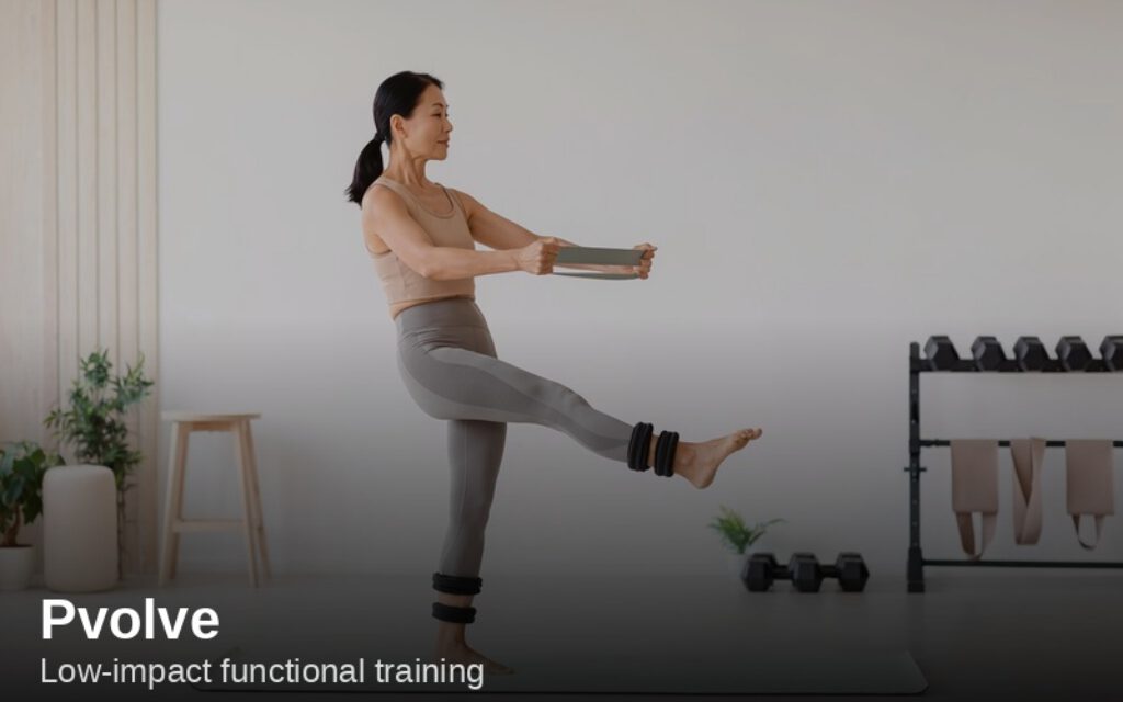 Woman doing low-impact resistance band functional training – Pvolve style workout