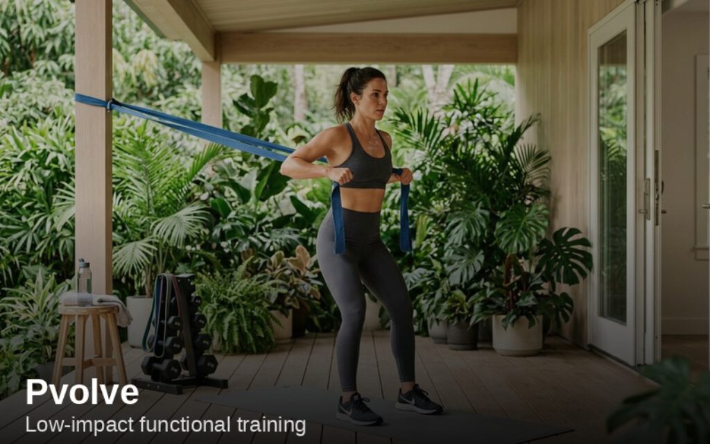 Woman doing resistance band pull exercise on tropical outdoor deck – Pvolve functional training