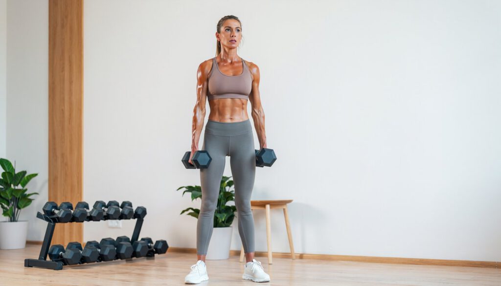 Fit woman in late 30s, early 40s working out with dumbbells.