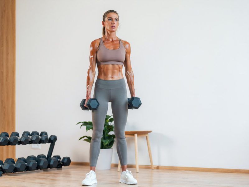 Fit woman in late 30s, early 40s working out with dumbbells.