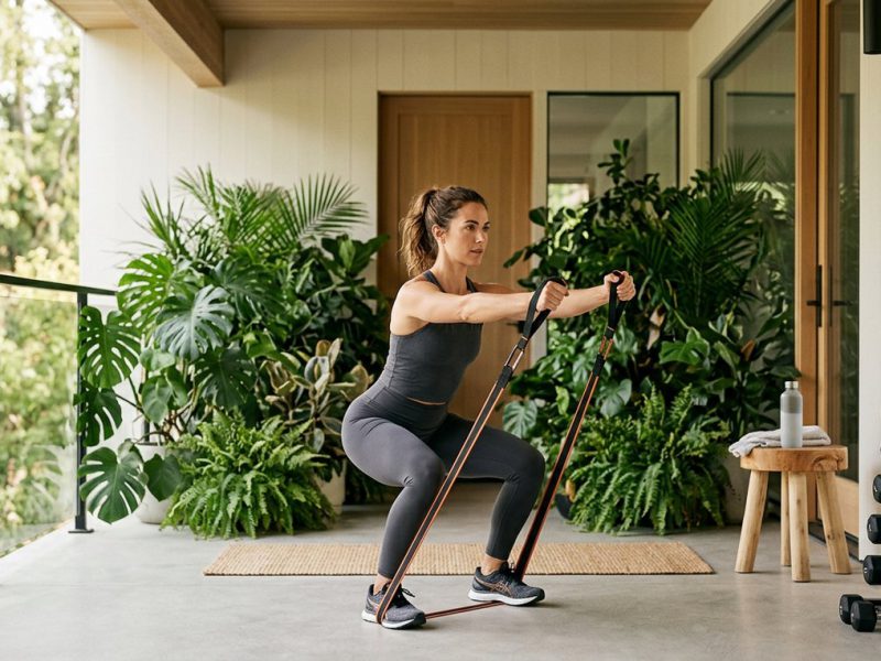 Woman in her 30s doing resistance band squat row on tropical outdoor porch