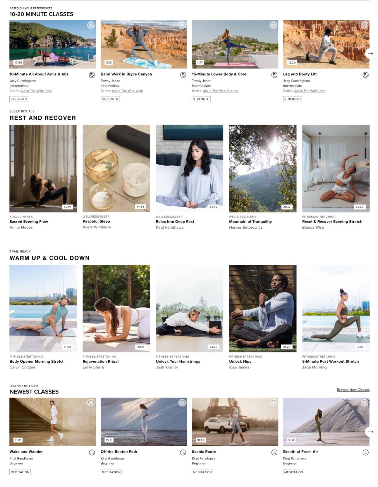 Alo Wellness Club dashboard showing strength, Pilates and HIIT filters for women over 40