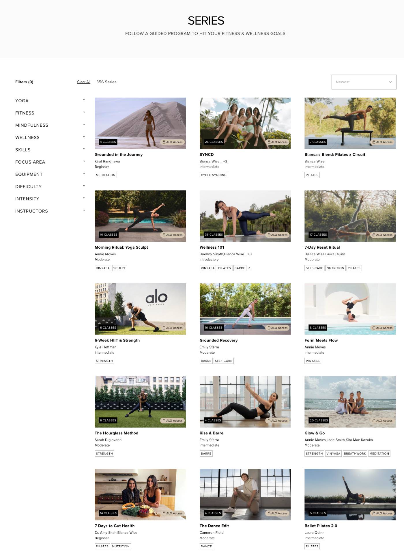 Alo Moves vs BODi comparison: Alo Wellness Club library showing Pilates, strength, recovery and yoga categories for women over 40
