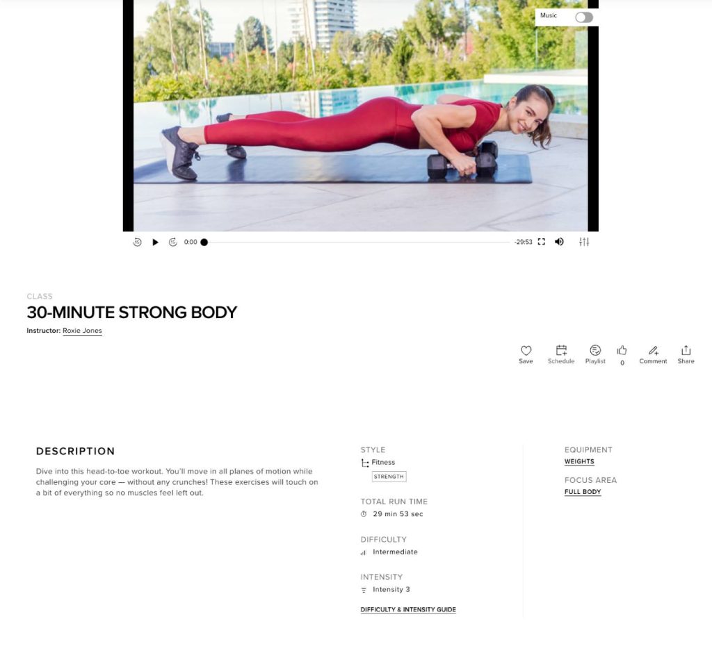 Alo Wellness Club screenshot of a 30-minute Strong Body class with Roxie Jones showing information provided for each workout.